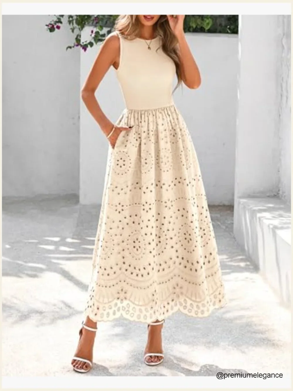 Sleeveless A-Line Maxi Dress with Lace Eyelet and Pockets, Cotton Blend - Picture 2 of 7